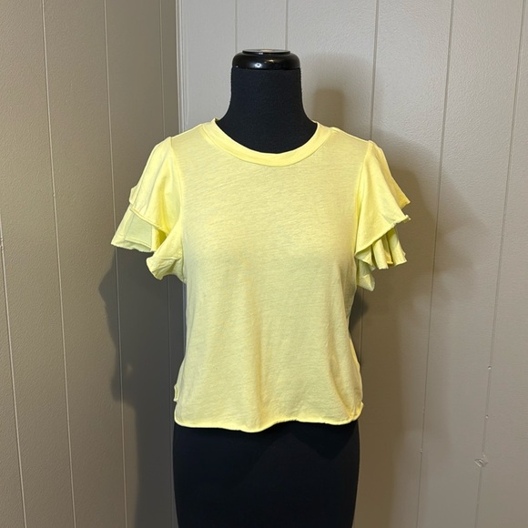 E Kimchi Blue Women’s Small Layered Ruffle Sleeve Cropped Shirt Unfinished Hem - Picture 1 of 6